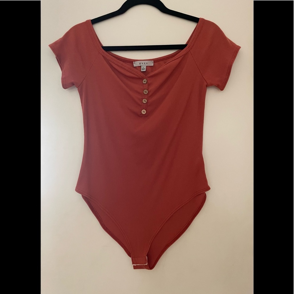 Coral off the shoulder body suit, size large